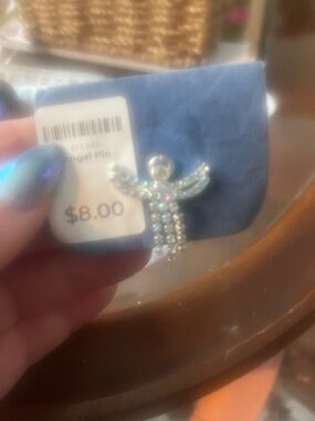 Avon Silver Tone Blue Rhinestone Angel Pin